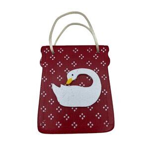 Vintage Enesco Christmas Tree Ornament Goose Red White Wooden Shopping Bag 1985